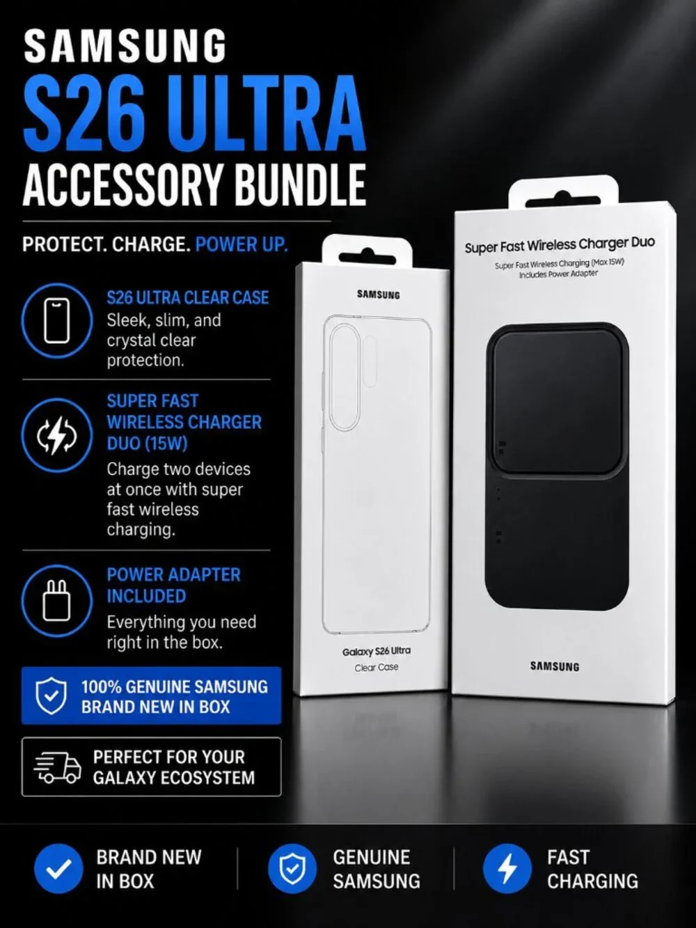 Samsung Galaxy S26 Ultra Accessory Bundle Wireless Charger + Clear Case
